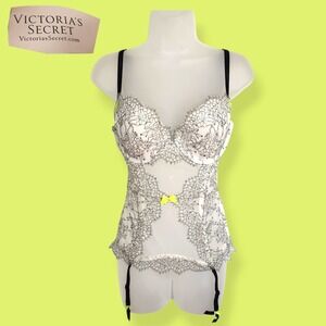 NWT Vtg Y2K Victoria's Secret 36D White Black Lace Bustier Corset Top Neon Bows